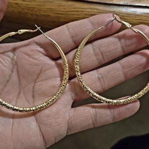 Textured Gold Tone Stainless Steal Hoop Earrings — Elegant Women's Fashion Hoops